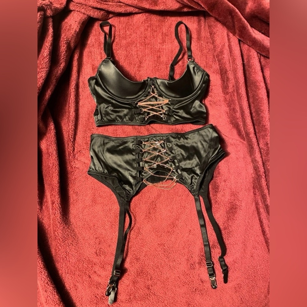 Satiny Black and Rose-Gold Chain Half-Bra and Garter Set
